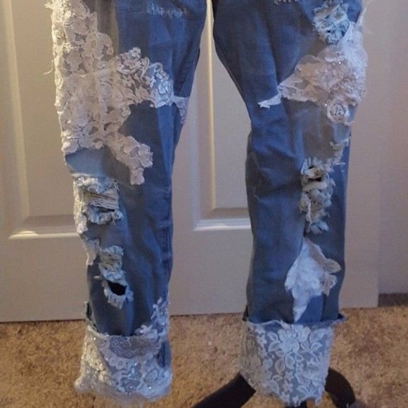 CUSTOM Boho Festival Beaded Lace Destroyed Jeans - Picture 2 of 9